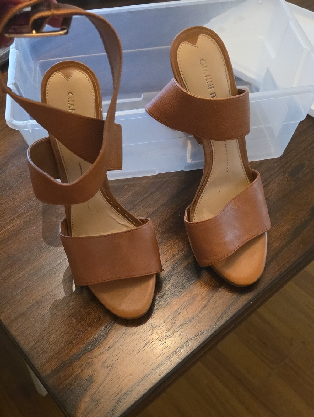 Gianni Bini Tan Leather Ankle-Strap Block Sandals